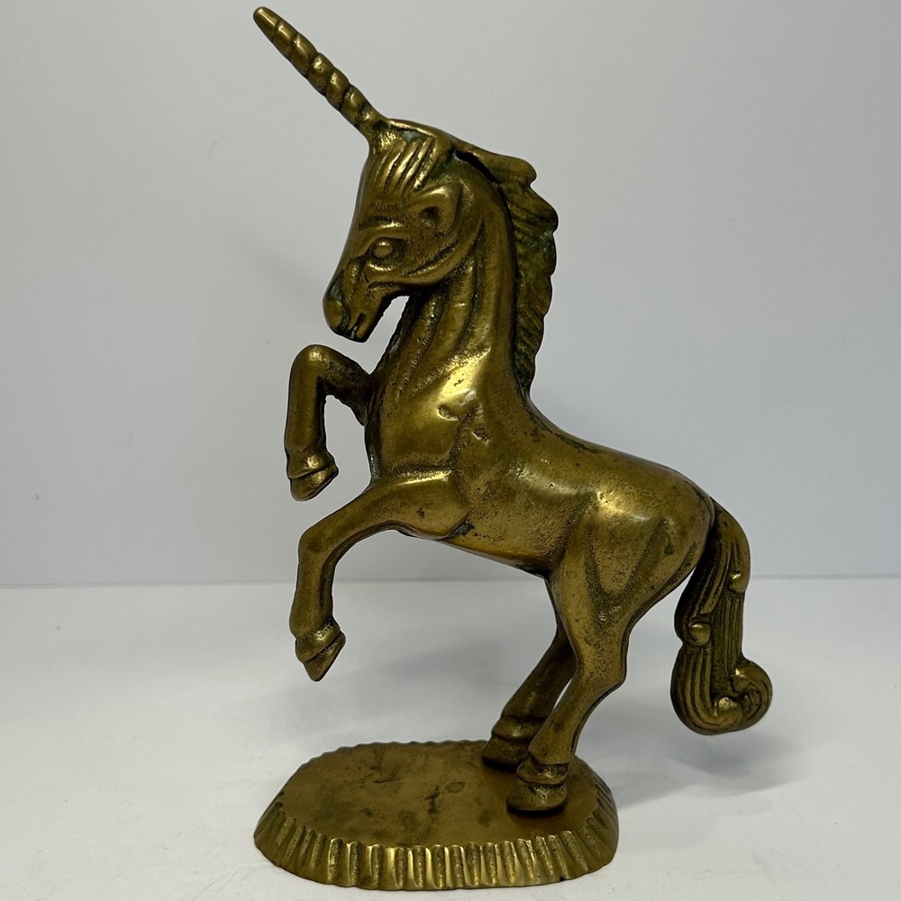 Vintage Solid Brass Rearing Unicorn Figurine Statue Scalloped Base 7"
